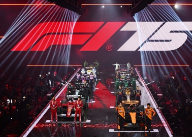 F1 Season Launch 2025, The O2, Formula 1, Stefano Domenicali, Machine Gun Kelly, Alpine, Aston Martin, Ferrari, Haas, Kick Sauber, McLaren, Mercedes, Racing Bulls, Red Bull, Williams, Jack Whitehall, Kane Brown, Take That, Idris Elba, Gordon Ramsay, Jerry Bruckheimer